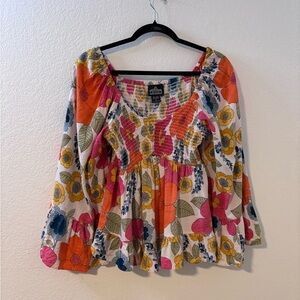 Angie Smocked Peasant Bohemian Babydoll Bell Sleeve Gathered Top Size L